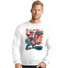 Load image into Gallery viewer, Daily_Deal_Shirts Crewneck Sweater, Unisex / Small / White Mushroom Warrior & Dinosaur