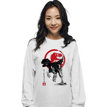 Load image into Gallery viewer, Shirts Long Sleeve Shirts, Unisex / Small / White Velociraptor sumi-e halftones