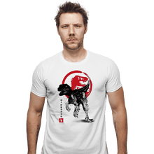 Load image into Gallery viewer, Shirts Fitted Shirts, Mens / Small / White Velociraptor sumi-e halftones