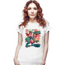 Load image into Gallery viewer, Daily_Deal_Shirts Fitted Shirts, Woman / Small / White Mushroom Warrior & Dinosaur