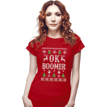 Load image into Gallery viewer, Shirts Fitted Shirts, Woman / Small / Red OK Boomer Ugly Christmas Sweater