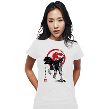 Load image into Gallery viewer, Shirts Fitted Shirts, Woman / Small / White Velociraptor sumi-e halftones