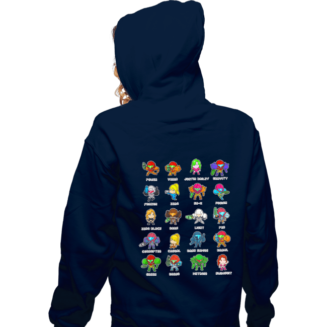 Secret_Shirts Zippered Hoodies, Unisex / Small / Navy The Many Suits Of Samus!