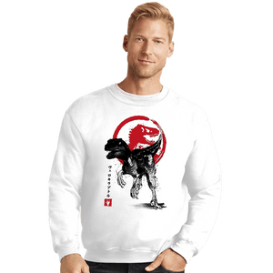 Shirts Crewneck Sweater, Unisex / Small / White Velociraptor sumi-e halftones