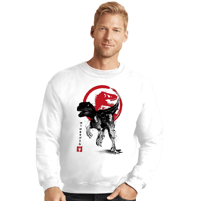 Shirts Crewneck Sweater, Unisex / Small / White Velociraptor sumi-e halftones