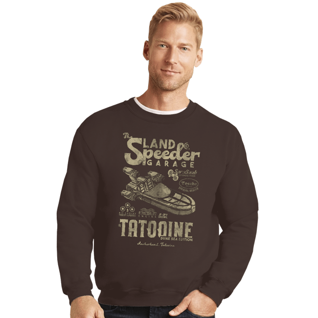 Daily_Deal_Shirts Crewneck Sweater, Unisex / Small / Dark Chocolate Land Speeder Garage