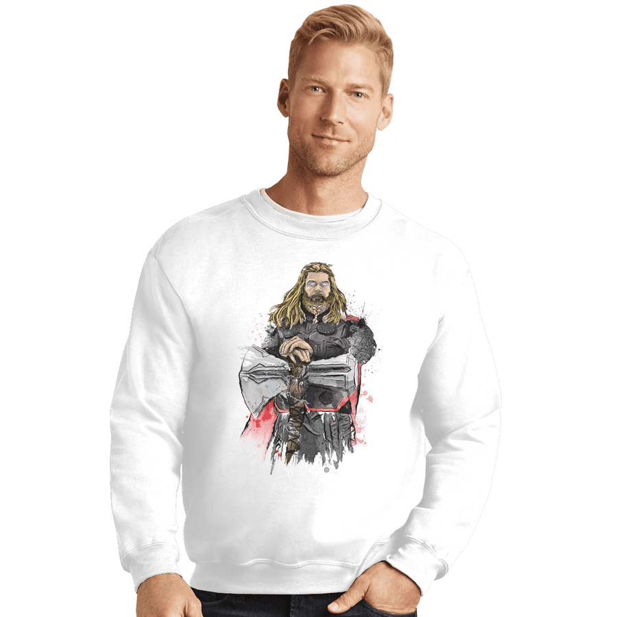 Shirts Crewneck Sweater, Unisex / Small / White God Of Thunder Watercolor