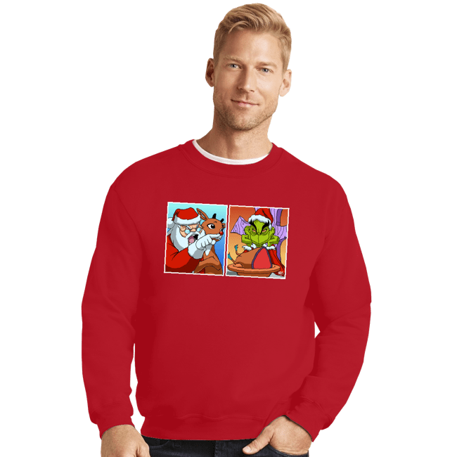 Daily_Deal_Shirts Crewneck Sweater, Unisex / Small / Red Santa Yelling At Grinch