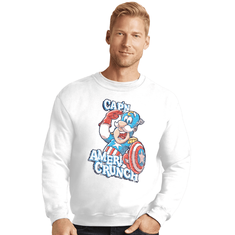 Shirts Crewneck Sweater, Unisex / Small / White Cap'n AmeriCrunch