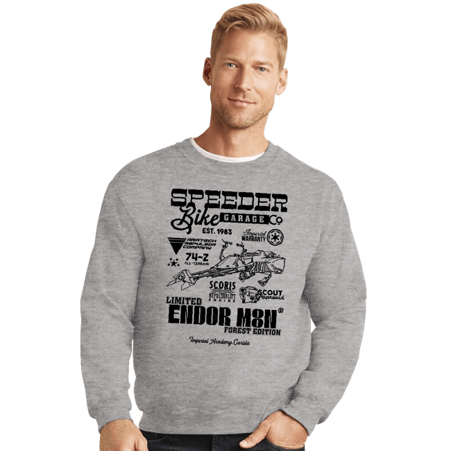 Daily_Deal_Shirts Crewneck Sweater, Unisex / Small / Sports Grey Speeder Bike Garage