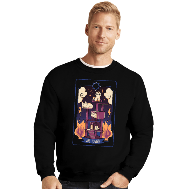 Daily_Deal_Shirts Crewneck Sweater, Unisex / Small / Black The Tower Cat Tarot