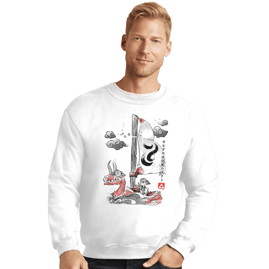 Shirts Crewneck Sweater, Unisex / Small / White Sailing With The Wind Sumi-e