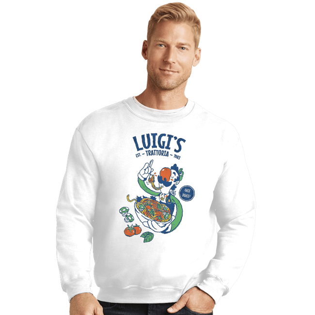 Daily_Deal_Shirts Crewneck Sweater, Unisex / Small / White Luigi's Trattoria