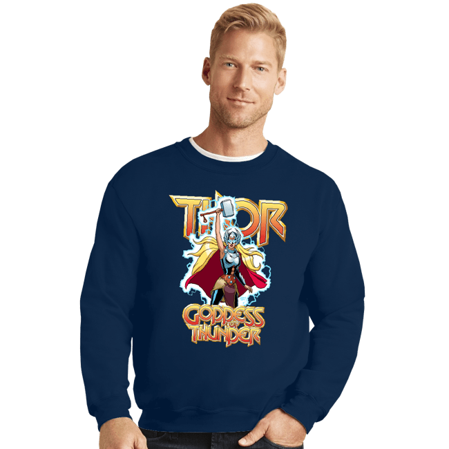 Daily_Deal_Shirts Crewneck Sweater, Unisex / Small / Navy Mighty Thor