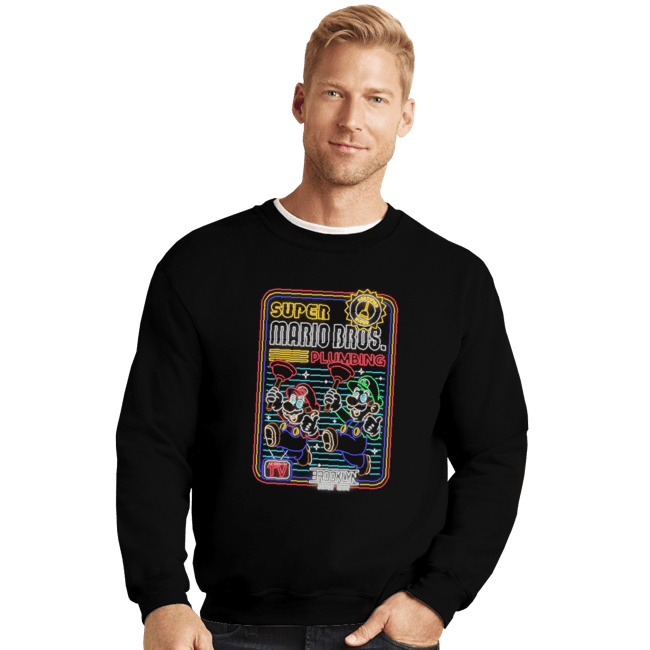 Shirts Crewneck Sweater, Unisex / Small / Black Neon Mario