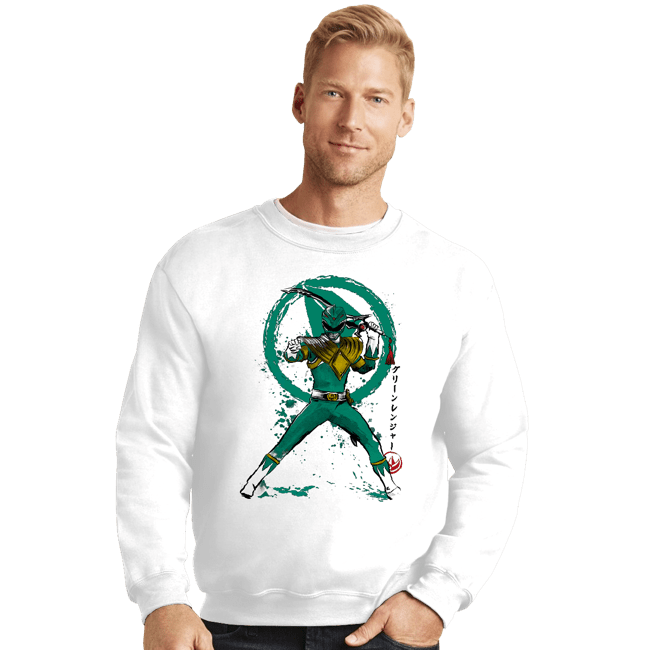Daily_Deal_Shirts Crewneck Sweater, Unisex / Small / White Green Ranger Sumi-e