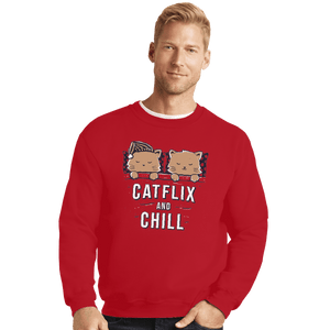 Shirts Crewneck Sweater, Unisex / Small / Red Catflix And Chill