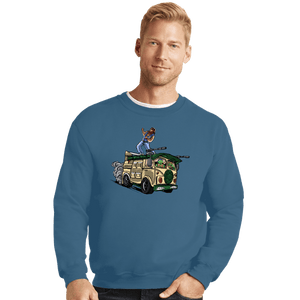 Daily_Deal_Shirts Crewneck Sweater, Unisex / Small / Indigo Blue Surfing In The Turtle Van