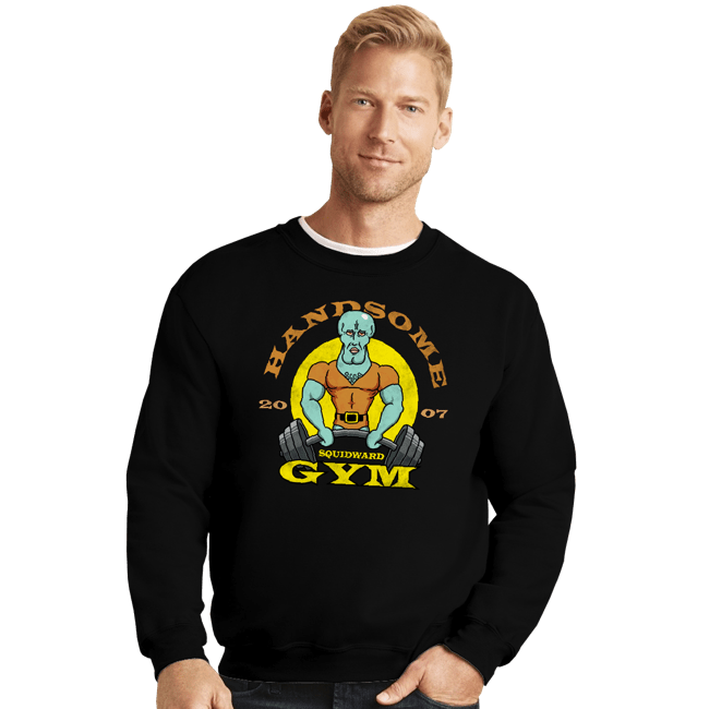 Daily_Deal_Shirts Crewneck Sweater, Unisex / Small / Black Handsome Squidward Gym
