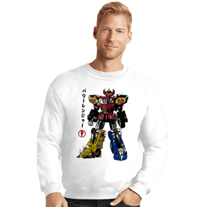 Daily_Deal_Shirts Crewneck Sweater, Unisex / Small / White Mighty Morphin Megazord Sumi-e