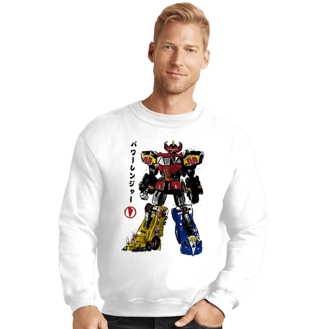 Daily_Deal_Shirts Crewneck Sweater, Unisex / Small / White Mighty Morphin Megazord Sumi-e