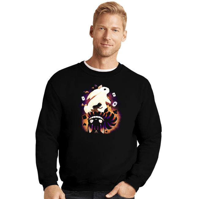 Daily_Deal_Shirts Crewneck Sweater, Unisex / Small / Black Cheshire White Rabbit