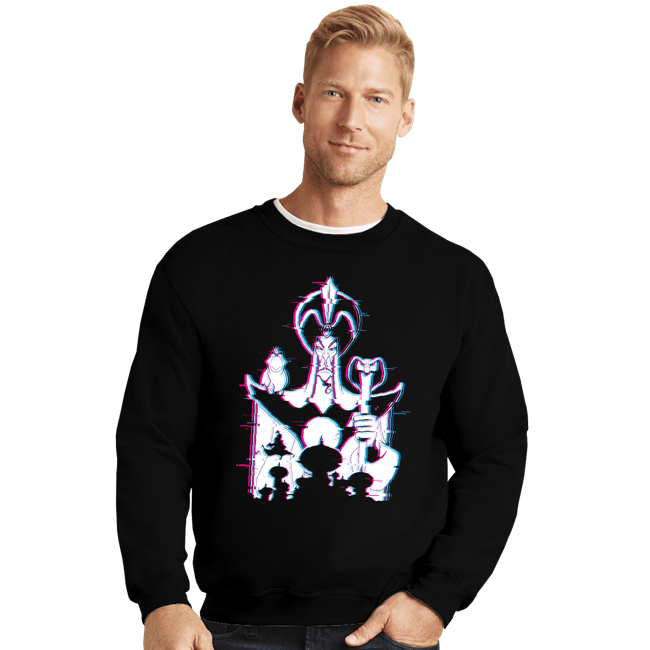 Daily_Deal_Shirts Crewneck Sweater, Unisex / Small / Black Glitched Jafar