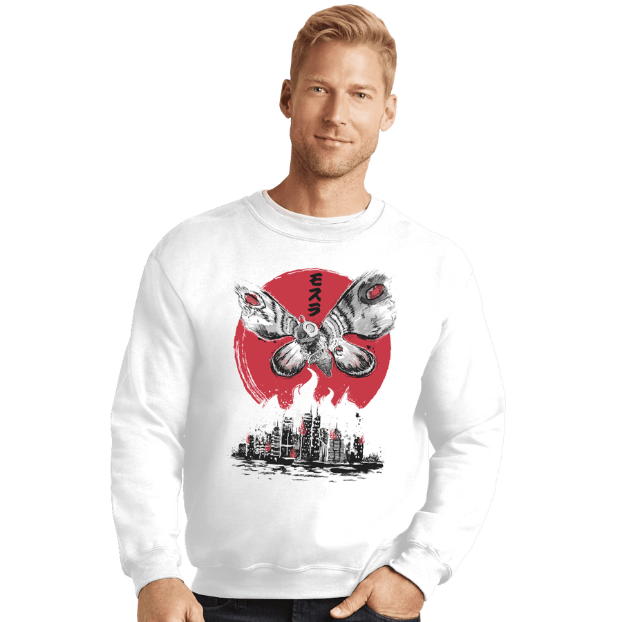Shirts Crewneck Sweater, Unisex / Small / White Giant Moth Attack Sumi-e