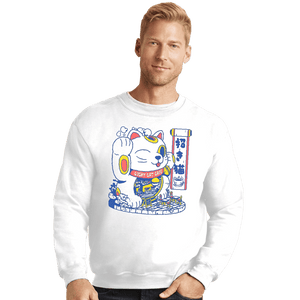 Shirts Crewneck Sweater, Unisex / Small / White Lucky Cat Coffee Shop