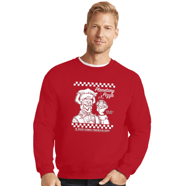 Daily_Deal_Shirts Crewneck Sweater, Unisex / Small / Red Planetary Pizza