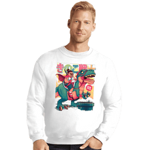 Load image into Gallery viewer, Daily_Deal_Shirts Crewneck Sweater, Unisex / Small / White Mushroom Warrior &amp; Dinosaur
