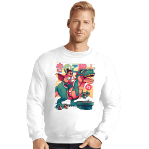 Daily_Deal_Shirts Crewneck Sweater, Unisex / Small / White Mushroom Warrior & Dinosaur