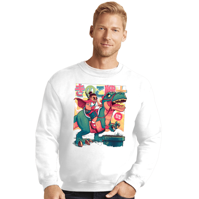 Daily_Deal_Shirts Crewneck Sweater, Unisex / Small / White Mushroom Warrior & Dinosaur