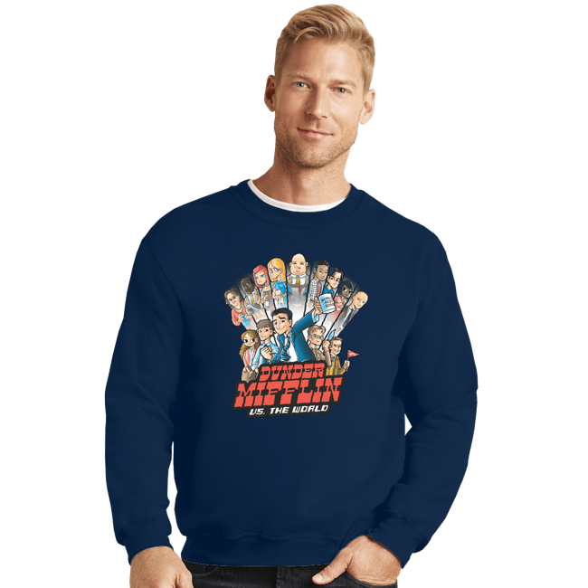 Daily_Deal_Shirts Crewneck Sweater, Unisex / Small / Navy Dunder Mifflin VS. The World