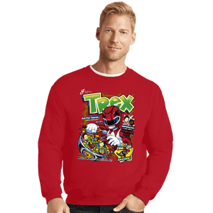 Daily_Deal_Shirts Crewneck Sweater, Unisex / Small / Red T-Rex Cereal