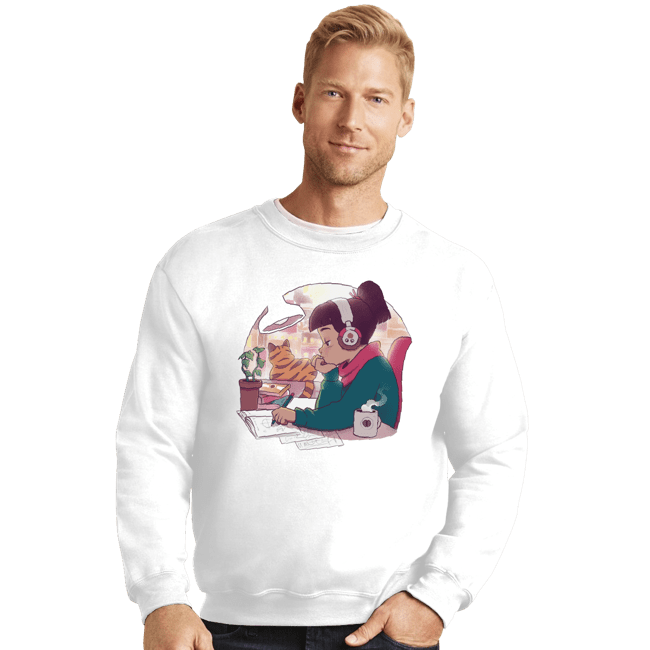 Daily_Deal_Shirts Crewneck Sweater, Unisex / Small / White Lo Fi Sketch & Coffee