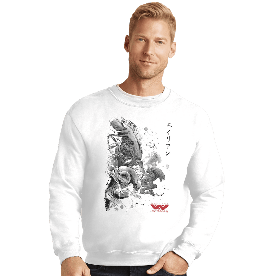 Shirts Crewneck Sweater, Unisex / Small / White Xenomorphs Invasion Sumi-e