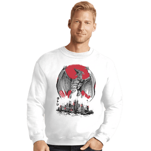 Shirts Crewneck Sweater, Unisex / Small / White Fire Pteranodon Attack Sumi-e