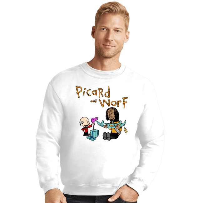 Daily_Deal_Shirts Crewneck Sweater, Unisex / Small / White Picard And Worf