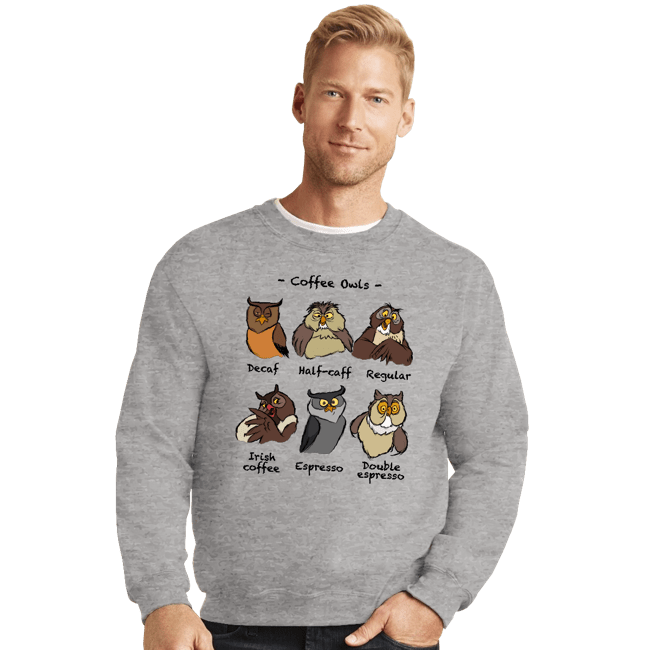 Daily_Deal_Shirts Crewneck Sweater, Unisex / Small / Sports Grey Coffee Owls