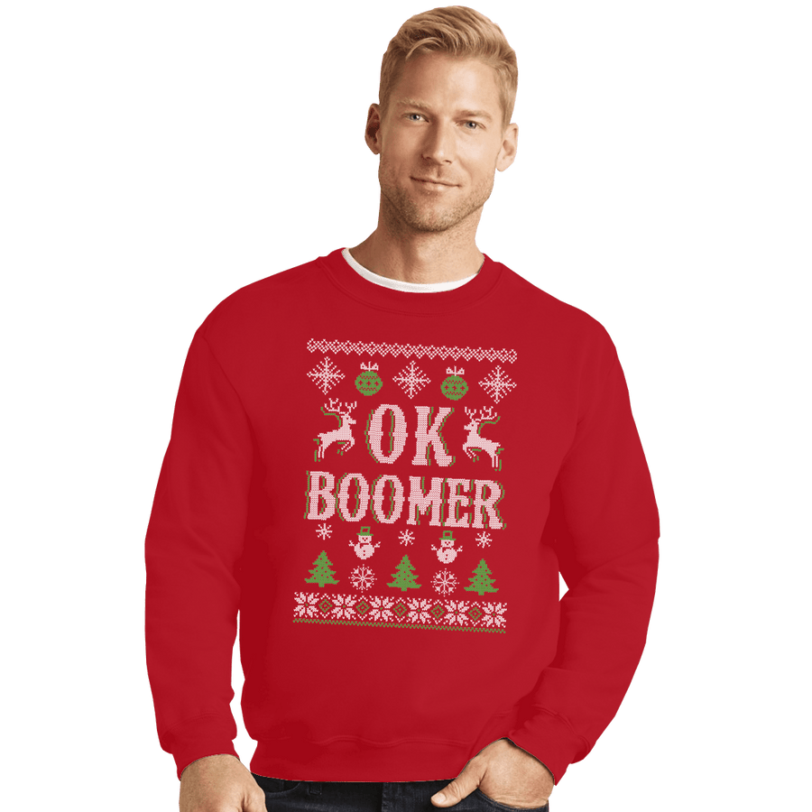 Shirts Crewneck Sweater, Unisex / Small / Red OK Boomer Ugly Christmas Sweater