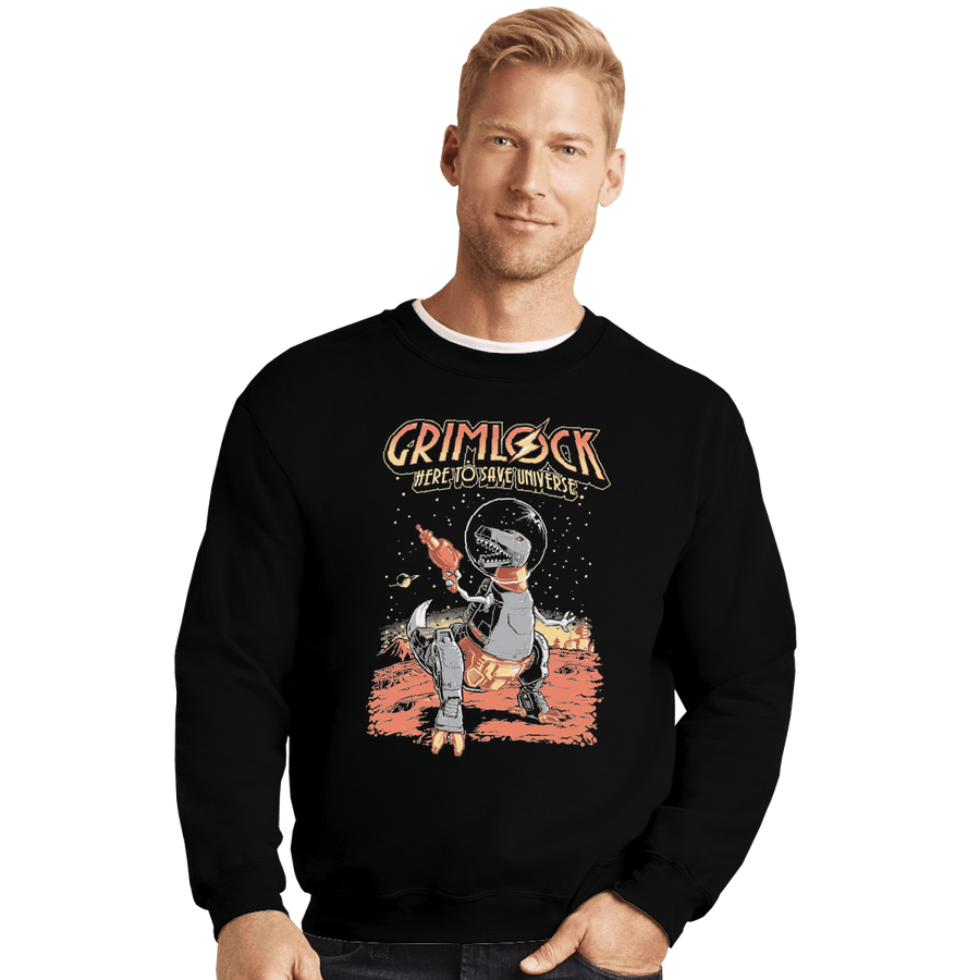 Shirts Crewneck Sweater, Unisex / Small / Black Space Pulp Robot Dinosaur Hero