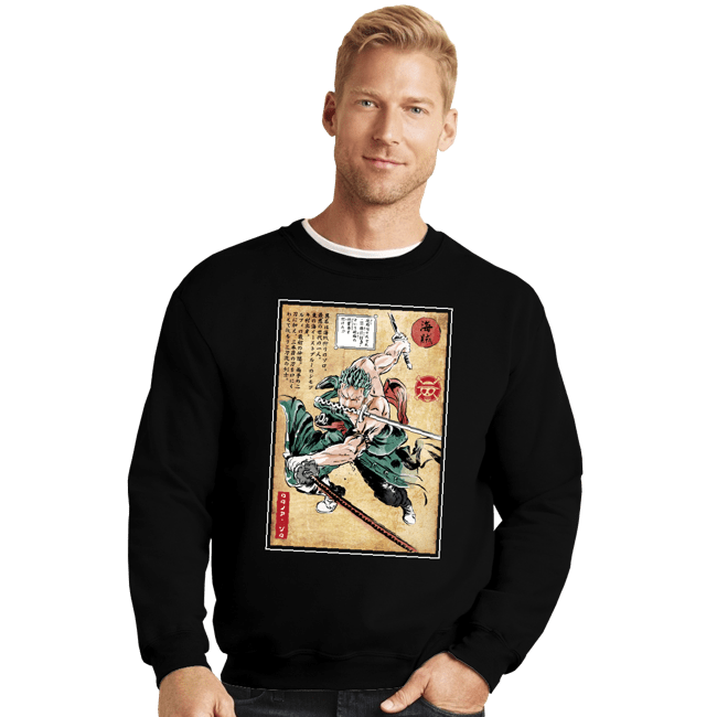 Daily_Deal_Shirts Crewneck Sweater, Unisex / Small / Black Pirate Hunter Woodblock