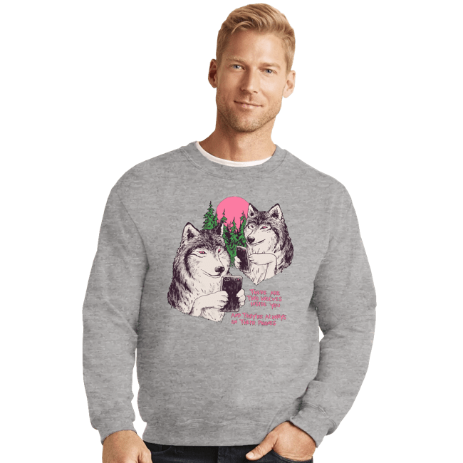 Daily_Deal_Shirts Crewneck Sweater, Unisex / Small / Sports Grey Two Wolves On Their Phones