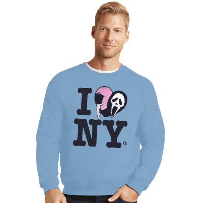Daily_Deal_Shirts Crewneck Sweater, Unisex / Small / Powder Blue Ghostface Loves NY