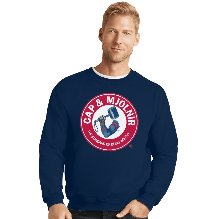 Shirts Crewneck Sweater, Unisex / Small / Navy Cap And Mjolnir