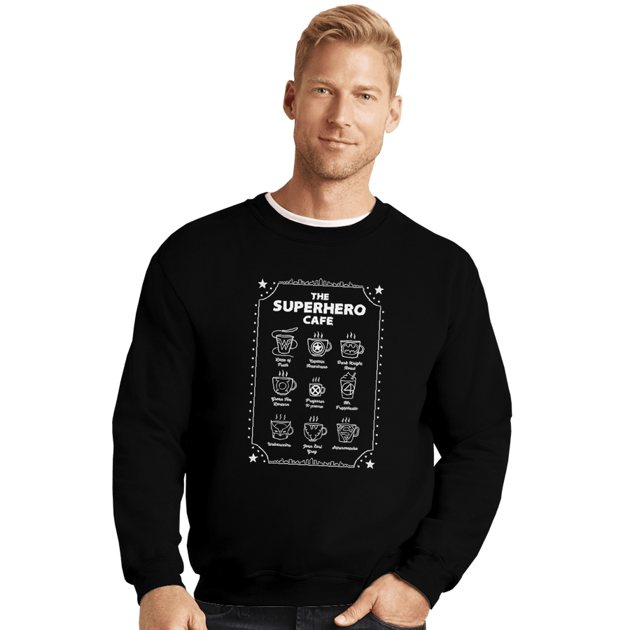Shirts Crewneck Sweater, Unisex / Small / Black Superhero Cafe