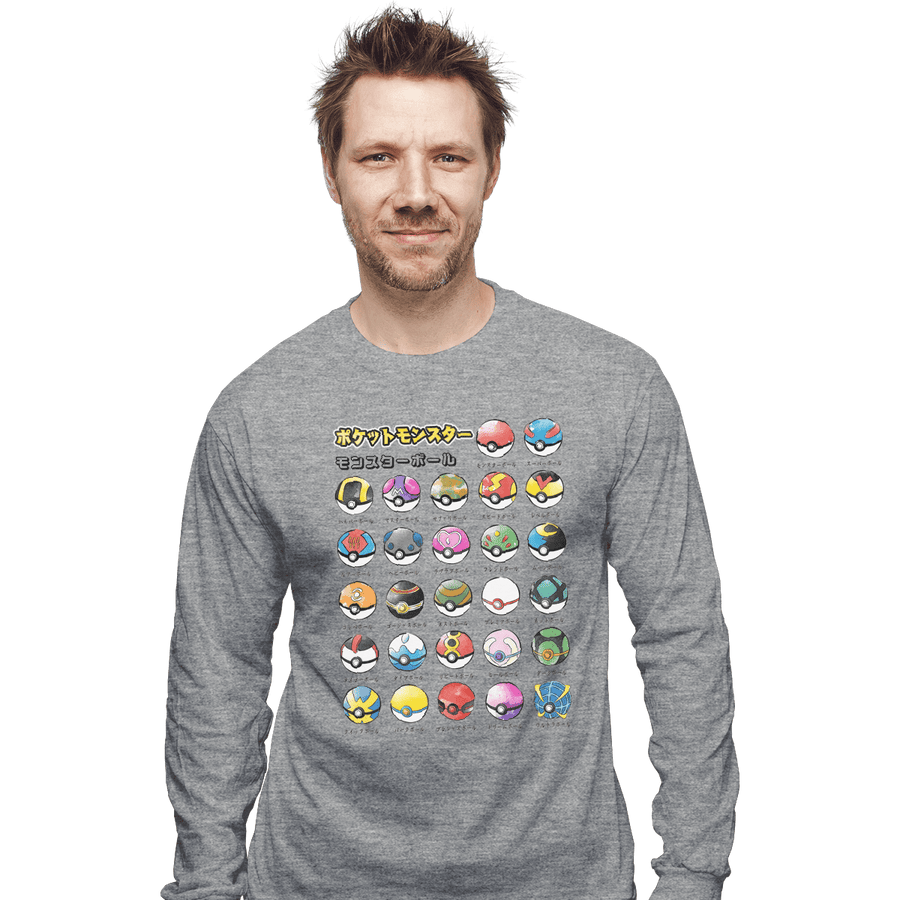 Shirts Long Sleeve Shirts, Unisex / Small / Sports Grey Types Of Pokeballs