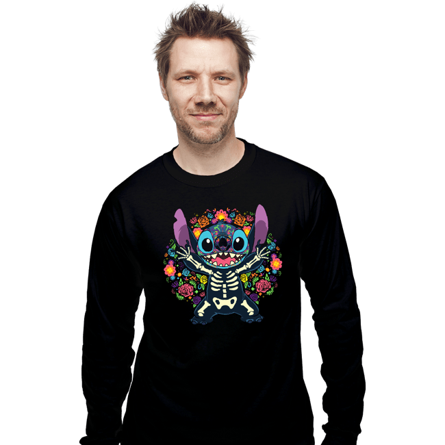 Daily_Deal_Shirts Long Sleeve Shirts, Unisex / Small / Black Stiched Calavera