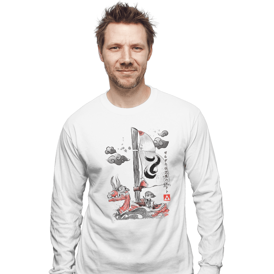 Shirts Long Sleeve Shirts, Unisex / Small / White Sailing With The Wind Sumi-e